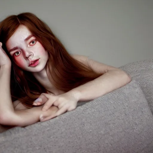 Prompt: portrait of a cute thin young woman, red blush, cute freckles wearing casual clothes, small smile, relaxing on a couch, cozy living room, close up shot, 8 k, art by ron mueck and irakli nadar, hyperrealism, hyperdetailed, ultra realistic