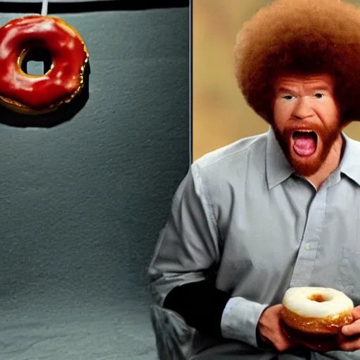 Prompt: angry bob ross screaming because someone at his donut
