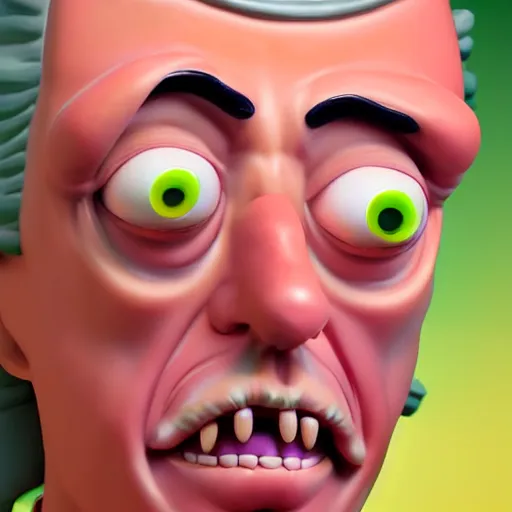 Image similar to rick from rick and morty 3 d render photorealistic unreal facial details eyes nose mouth teeth clay soft light engine photorealistic ultra - realistic highly detailed focus photography lighting digital painting hd adultswim by kyle lambert