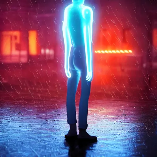 Image similar to a human made out of rain, glowing neon, rendered in octane, unreal engine, highly detailed, realistic, beautiful