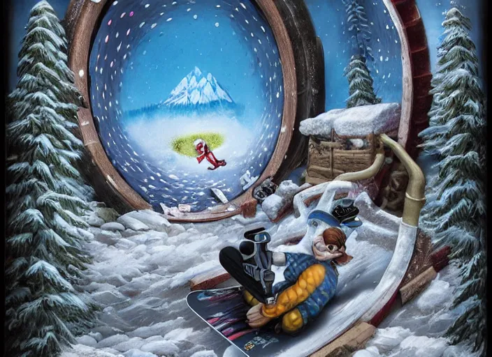 Image similar to a snowboard downhill with a portal to another dimension on the end, lowbrow, matte painting, 3 - d highly detailed, in the style of mark ryden,