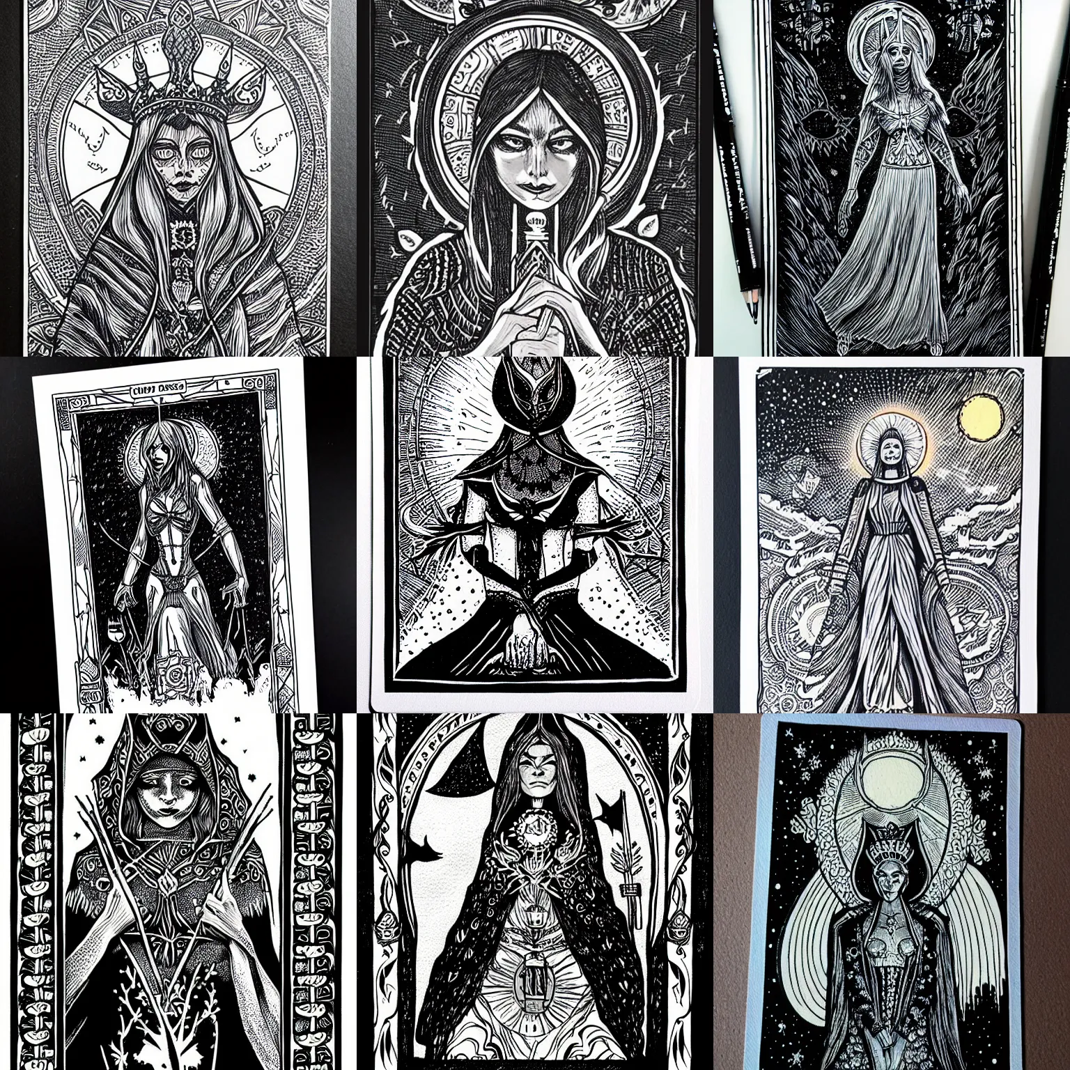 Prompt: Detailed High Priestess tarot card illustrated on black paper in white gel pen, Artstation