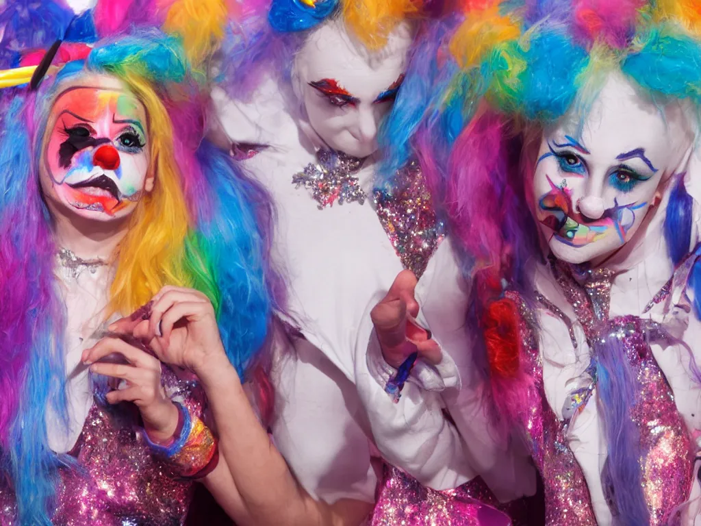 Image similar to 1 unicorn wearing clown makeup on stage auditioning for American Idol