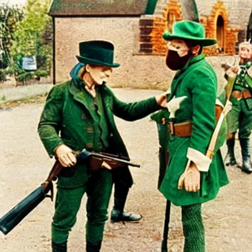Image similar to leprechaun fighting with the ira, historical photograph, restored, gun, irish, terrorism, colorised, colourised, mask