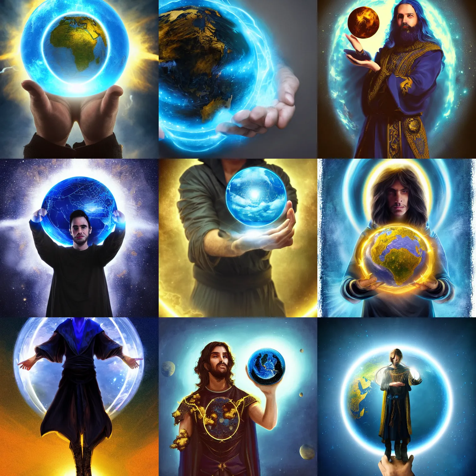 Prompt: Half-length portrait of a mage holding levitating planet earth between his hands. Blue and gold lighting. Dark fantasy, digital art, HD, detailed.