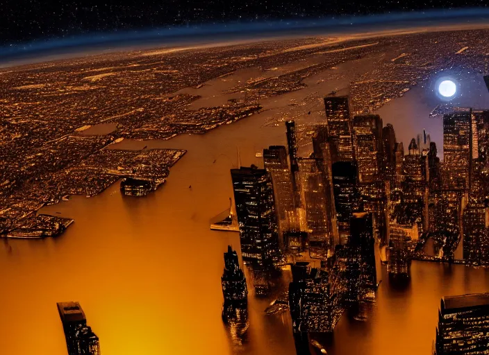 Image similar to film still of the moon breaking into pieces over manhatten in the new disaster movie, 8 k, night time