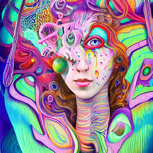 Prompt: An extremely psychedelic portrait of Alice , in wonderland , surreal, LSD, face, detailed, intricate, elegant, lithe, highly detailed, digital painting, artstation, concept art, smooth, sharp focus, illustration