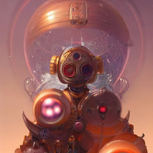 Prompt: a stylistic portrait of a robot god surrounded by small glowing orbs, D&D, fantasy, intricate, smooth, golden hour, artwork by Peter mohrbacher and Wayne barlowe