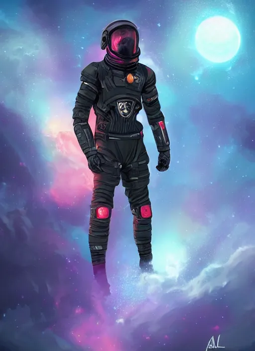 Image similar to fit black space soldier in an advanced spacesuit in front of exploding nebulae, digital illustration trending on artstation by artgerm and rutkowski