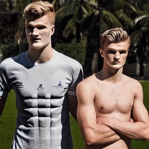 Image similar to a realistic detailed photo of a guy who is an attractive humanoid who is half robot and half humanoid, who is a male android, soccer players martin ødegaard & timo werner, shiny skin, posing like a statue, blank stare, by the pool, on display, showing off his muscles