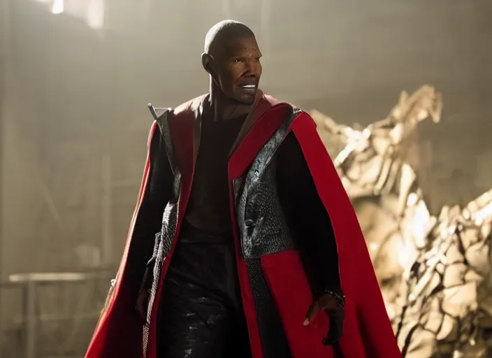 Image similar to film still of jamie foxx as spawn in the new spawn movie, giant chains, large cape, 8 k