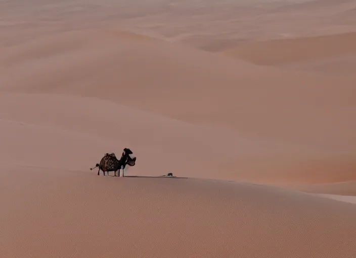 Image similar to a 2 8 mm macro tilt shift view of a camel caravan crossing sand dunes in the desert with the afternoon sun, photography, film, film grain, canon 5 0 mm, cinematic lighting, golden hour, sandstorm,