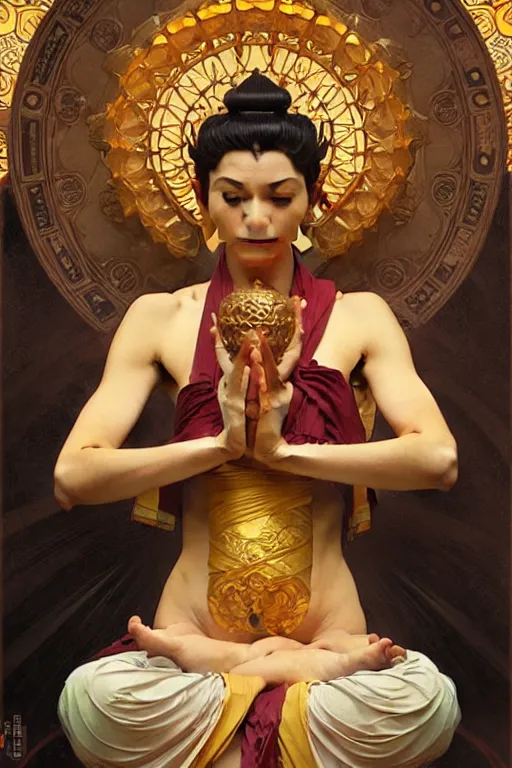 Prompt: buddhism, painting by greg rutkowski, artgerm, j. c. leyendecker, alphonse mucha