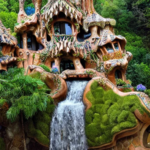 Prompt: valley village, waterfalls, flowers and intricate detailed visionary architecture and gardens by antoni gaudi, john stephens, alex gray