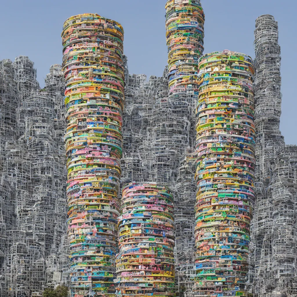 Prompt: a circular tower, made up of colourful makeshift squatter shacks, dystopia, sony a 7 r 3, f 1 1, fully frontal view, ultra detailed, photographed by hiroshi sugimoto,