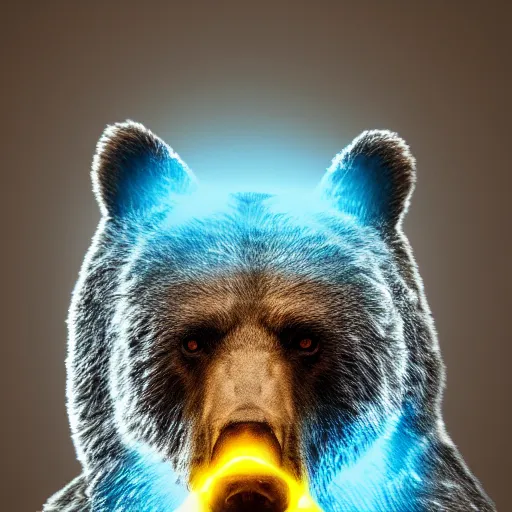 Prompt: portrait photo of a bear as a jedi, blue and yellow lighting, dark, cinematic, high quality, 4 k