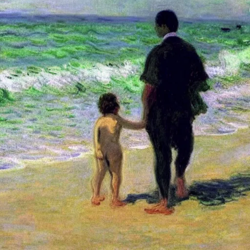 Image similar to a man carrying his child over his shoulders walking near the beach, anatomically correct, painting by monet, masterpiece