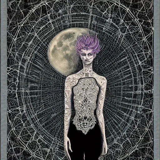 Prompt: looking at the full moon, transparent soul leaving the body, filigree, lace, art by loish, dave mckean