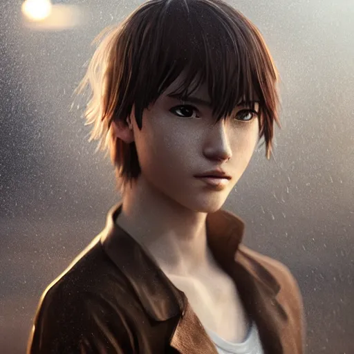 Image similar to Beautiful yagami light in real life, face centered portrait, Confident, fog, rain, volumetric lighting, beautiful, golden hour, sharp focus, ultra detailed, cgsociety by Leesha Hannigan, Ross Tran, Thierry Doizon, Kai Carpenter,Ignacio Fernández Ríos