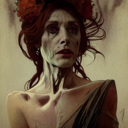 Prompt: A portrait of zombie Nancy Patricia Pelosi by greg rutkowski and alphonse mucha,In style of digital art illustration.Dark Fantasy.darksouls.hyper detailed,smooth, sharp focus,trending on artstation,4k