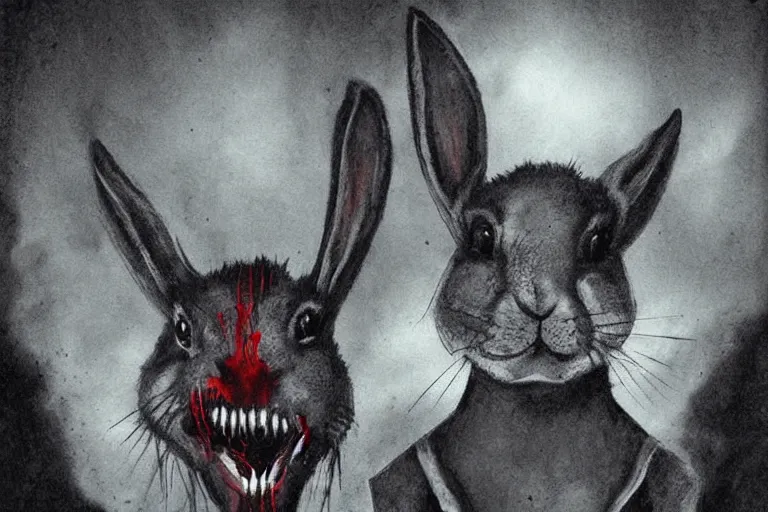 Image similar to portrait of rabbit, demon eyes, dracula fangs! haunted house, dark atmospheric