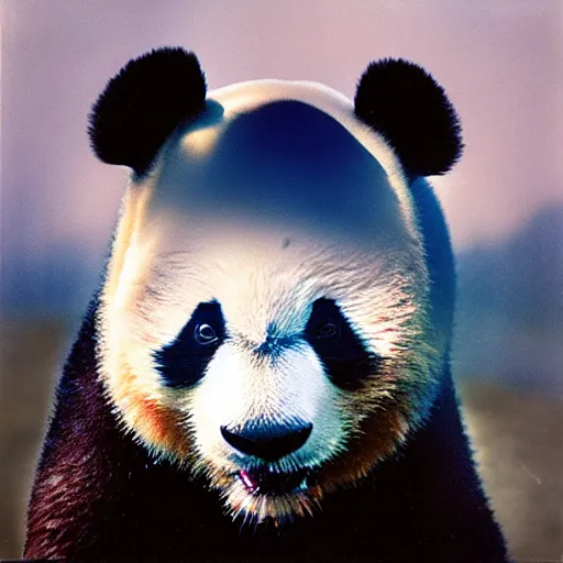 Prompt: grainy head to shoulder portrait polaroid film photograph of a panda skateboarding in california. super resolution. surreal. extremely detailed. polaroid 6 0 0 film. by annie leibovitz and richard avedon