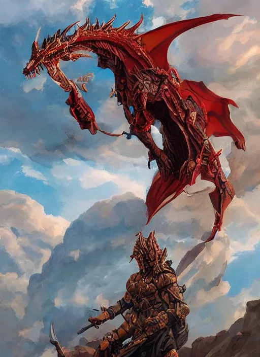 Image similar to symmetrical giant dragon head, cinematic romantic magical, greek myth, masterpiece, side profile, crazed, deep dark armor, luminescent, greek myth, wisdom, bloody red colors, by greg manchess, huang guangjian, gil elvgren, sachin teng, greg rutkowski, jesper ejsing, ilya kuvshinov