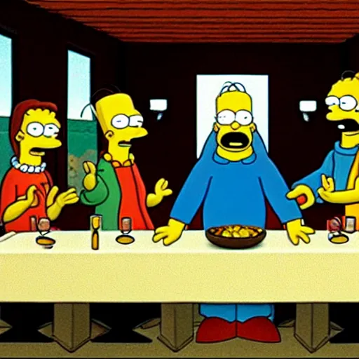 Image similar to the last supper as a still from the simpsons