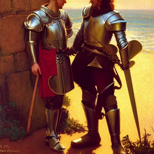 Prompt: arthur confesses his love for lancelot! dream attractive arthur pendragon and his attractive male knight, they are in love, natural lighting, path traced, highly detailed, high quality, digital painting, by gaston bussiere, craig mullins, alphonse mucha j. c. leyendecker