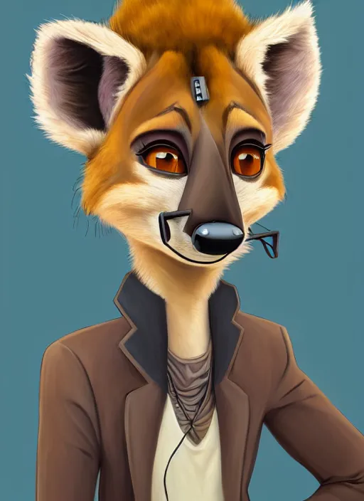 Prompt: oil painting detailed full body of anthromorphic female hyena, in style of zootopia, zootopia, zootopia, fursona, furry, furaffinity, 4 k, deviantart, furry art, fursona art, wearing black business suit, business suit, in style of zootopia, hyena fursona, cyberpunk, female, expressive, detailed feminine face,