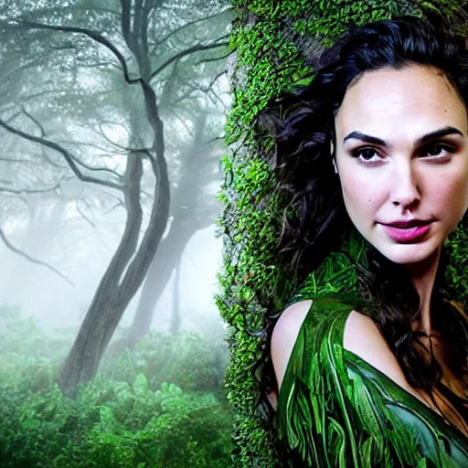 Image similar to Portrait of the beautiful woman Gal Gadot as a dryad, she has those characteristic sparkling green eyes, she is looking straight to the camera, she has a glow coming from her, she is getting illuminated for rays of light, behind her is an ancient forest full of life, the photo was taking by Annie Leibovitz, Ellie Victoria Gale and Steve McCurry, matte painting, oil painting, naturalism, 4k, 8k
