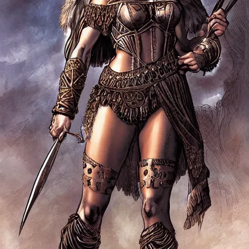 Prompt: greek amazon warrior, a tall beautiful woman with brown skin and long curly dark hair, dressed in hellenistic body armour, intricate, elegant, highly detailed, smooth, sharp focus, detailed face, high contrast, graphic novel, art by ardian syaf,