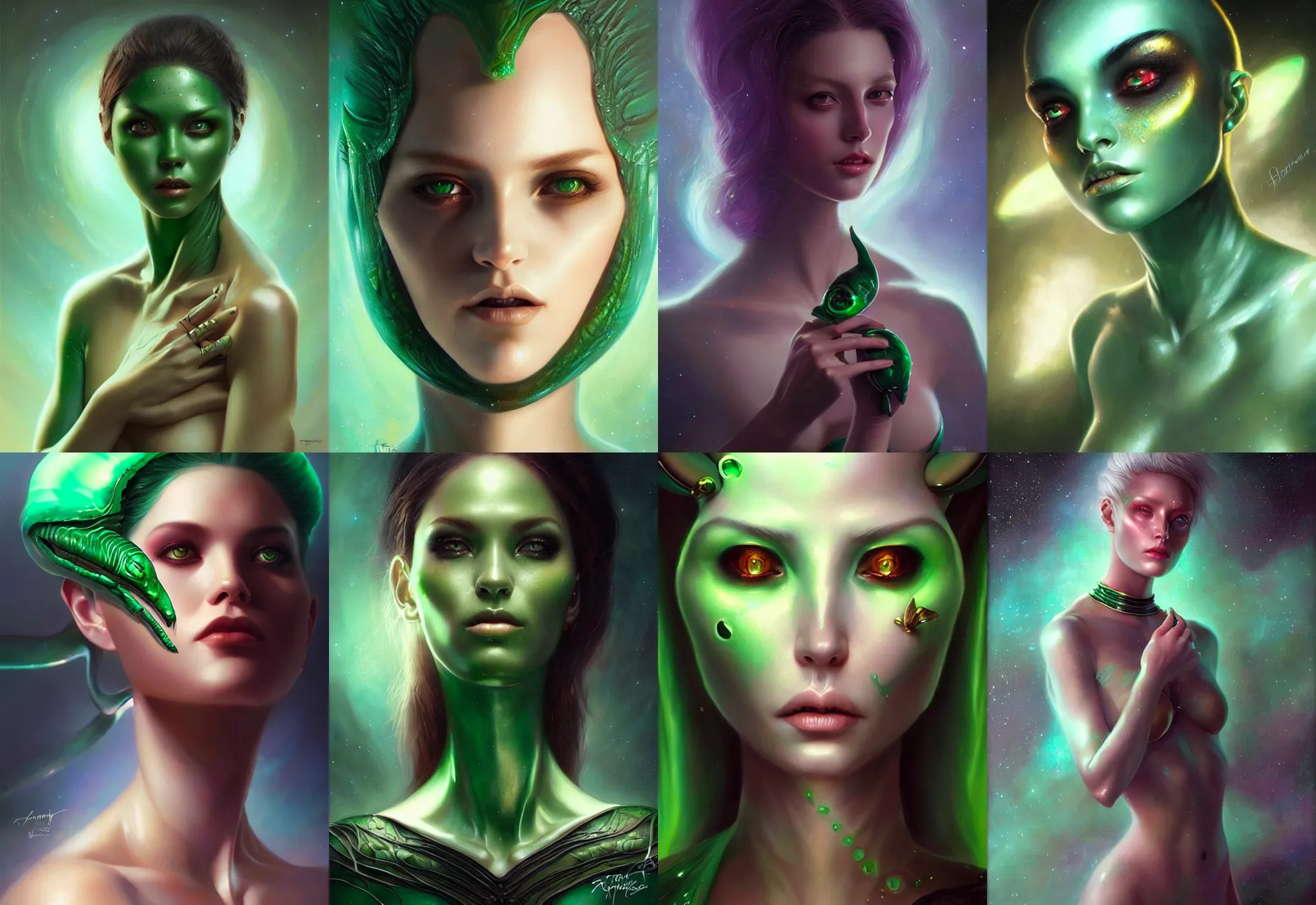 Prompt: a beautiful alien woman with emerald skin, painted by artgerm and tom bagshaw, fantasy art, dramatic lighting, highly detailed oil painting
