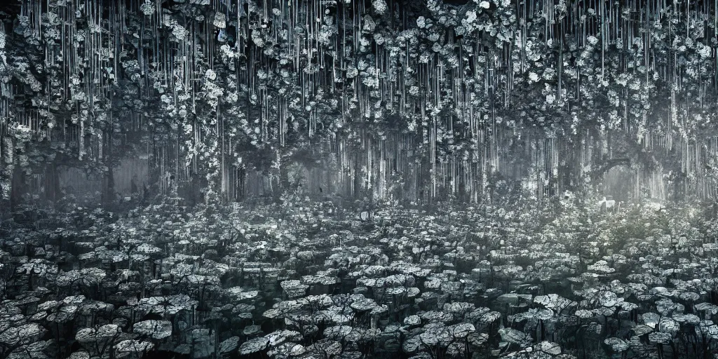 Image similar to luminous garden of 1000 eyes horror, intricate complexity, silver nitrate photography, acid wash layering, trending on art station, photoreal, 8k, octane render