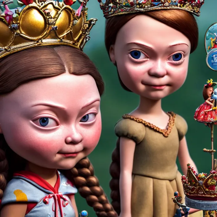 Image similar to highly detailed closeup, face profile portrait of greta thunberg as a tin toy fairytale princess wearing a crown eating cakes, bikini, unreal engine, nicoletta ceccoli, mark ryden, earl norem, lostfish, global illumination, detailed and intricate environment