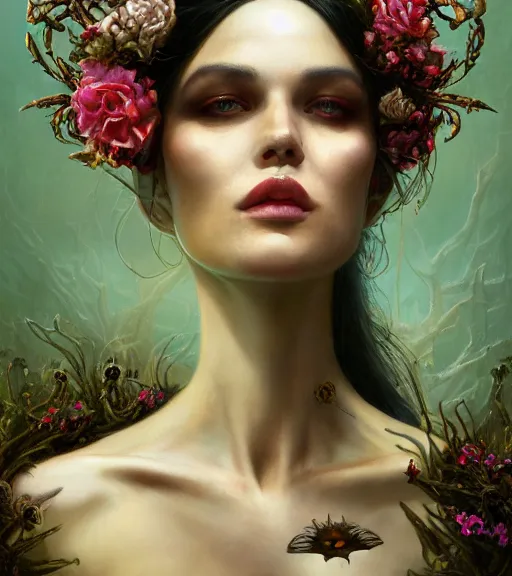 Image similar to portrait of the supreme queen of the dark cult, surrounded by skulls and overgrowth and dark flowers by WLOP, karol bak, James Jean, tom bagshaw, rococo, trending on artstation, cinematic lighting, hyper realism, octane render, 8k, hyper detailed.