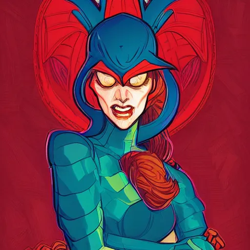 Prompt: female portrait anthropomorphic dragon wearing red clothes the graphic style of Patrick Gleason and Dan Mumford, detailed art, trending on Artstation, sharp focus, comic art