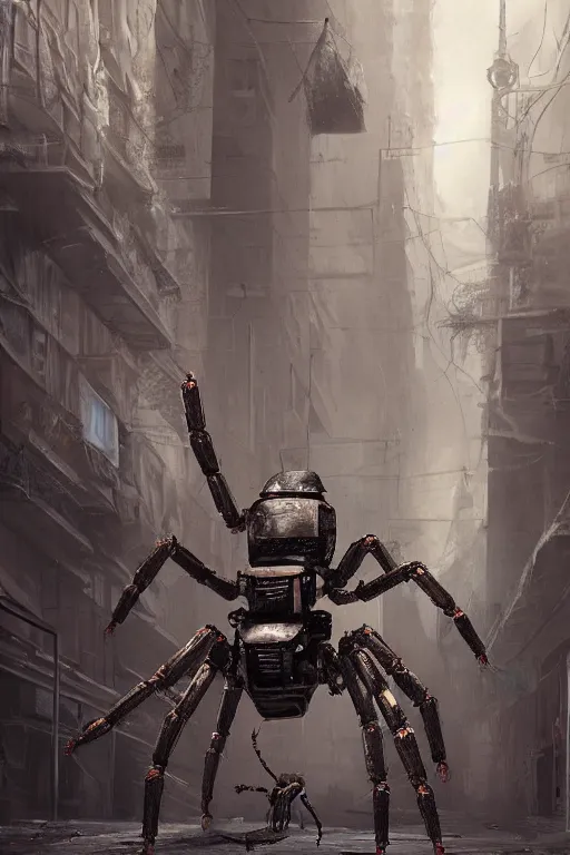Prompt: ultra realist and ultra intricate detailed soft painting of a large robot spider, standing in a post-apocalyptic street, sensual gloomy style, volumetric clouds, artstation, unreal render, depth of field