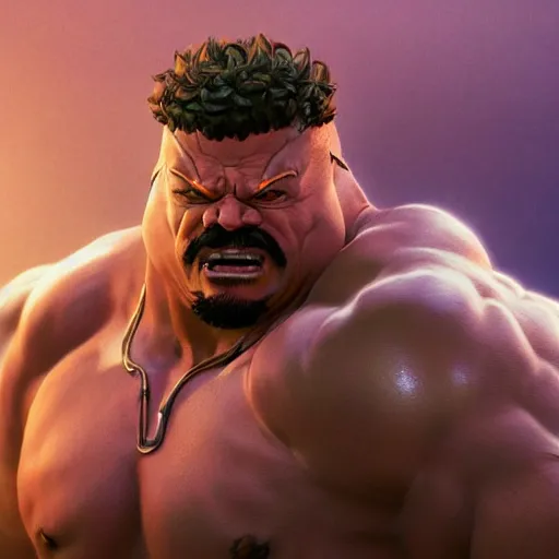 Image similar to danny mcbride as e. honda street fighter, yelling, ultra realistic, concept art, intricate details, highly detailed, photorealistic, octane render, 8 k, unreal engine, art by frank frazetta, simon bisley, brom