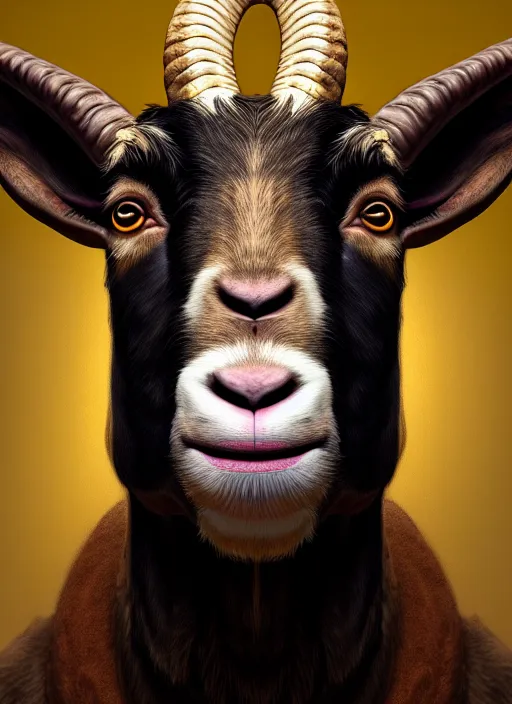 Prompt: anthropomorphic portrait of will smith as a goat, au naturel, hyper detailed, digital art, trending in artstation, cinematic lighting, studio quality, smooth render, unreal engine 5 rendered, octane rendered, art style by klimt and nixeu and ian sprigger and wlop and krenz cushart