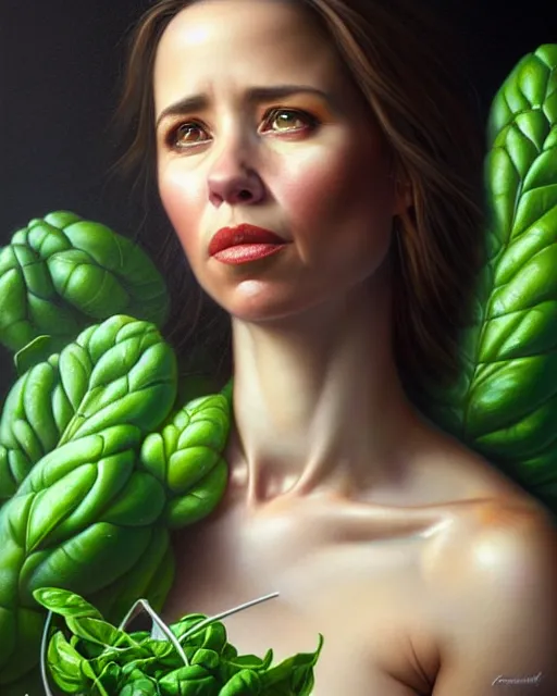 Image similar to detailed portrait of linda cardellini cannelloni!! spinach! ricotta! by tomasz alen kopera and peter mohrbacher and johanna martine! and margaret keane! coherent luminescent