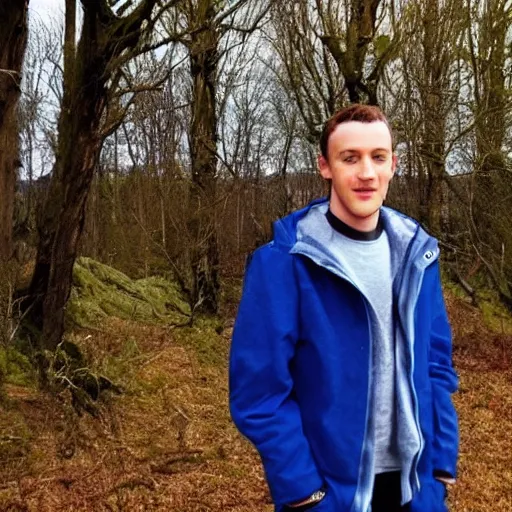 Prompt: Corran McCallum [[Corran McCallum]] facebook profile image of Corran McCallum, brown hair, blue jacket infront of trees. Young brown haired man with facial hair, photo of Corran McCallum.