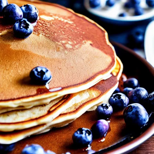 Prompt: A delicious pancake on a plate, food photography, syrup, blueberries