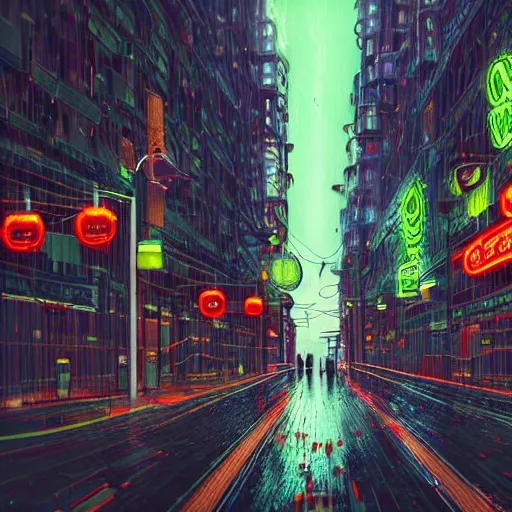 Image similar to Bustling photorealistic!!! rainy (((neon))) street in a utopian city illustrated and reimagined by Max Hay, inverted fisheye lens!!!, eyelevel!!! view!!! photography, trending on artstation, 4k, 8k, lens distortion, chromatic aberration, soft focus blur, photorealistic imagery, photorealistic details, intricate, highly detailed, artstation 3d, artstation render, artstation 3d render, 3d art, unreal engine 3d, octane 3d, blender 3d, 3d landscape