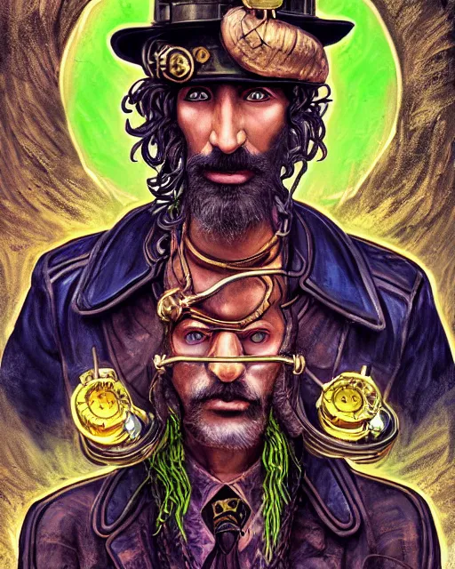 Image similar to a detailed portrait illustration of a steampunk wizard. stern indian male face, dark skin, piercing green eyes. art nouveau, pop art, comic book style. influenced by neil gaiman, h. p. lovecraft, dan mumford, brian froud, vadim voitekhovitch, killian eng, ross tran, cedric peyravernay.