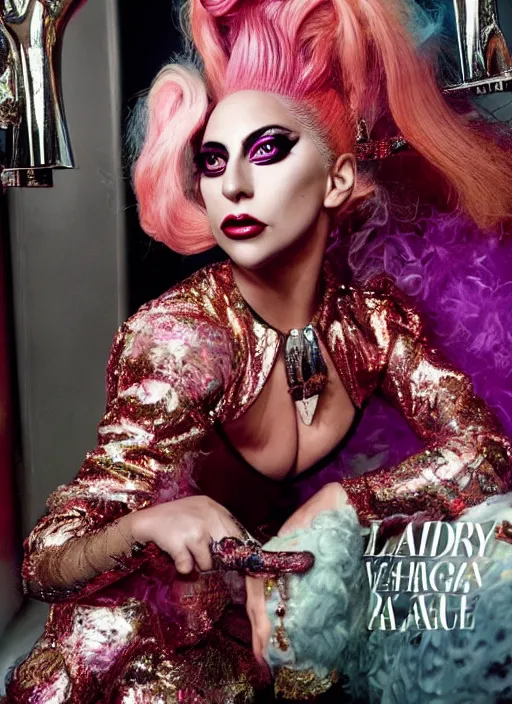 Image similar to lady gaga styled by david lachapelle posing in an expensive mansion setting , vogue magazine, Highly realistic. High resolution. Highly detailed. Dramatic. 8k.4k.