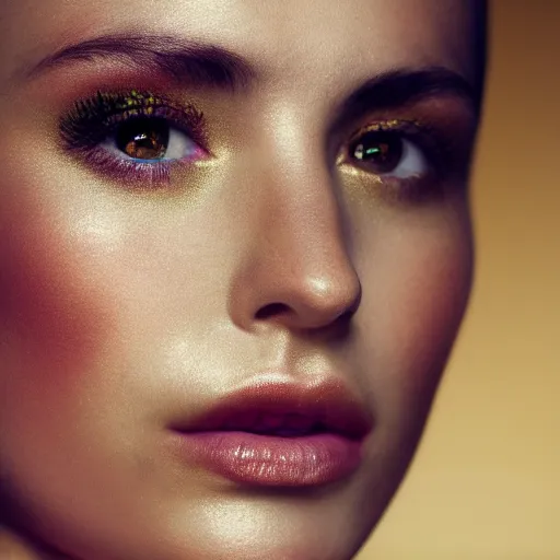 Prompt: extreme close up portrait of stunningly beautiful girl, gold dust make up, high res photo, 8 k, by mario testino