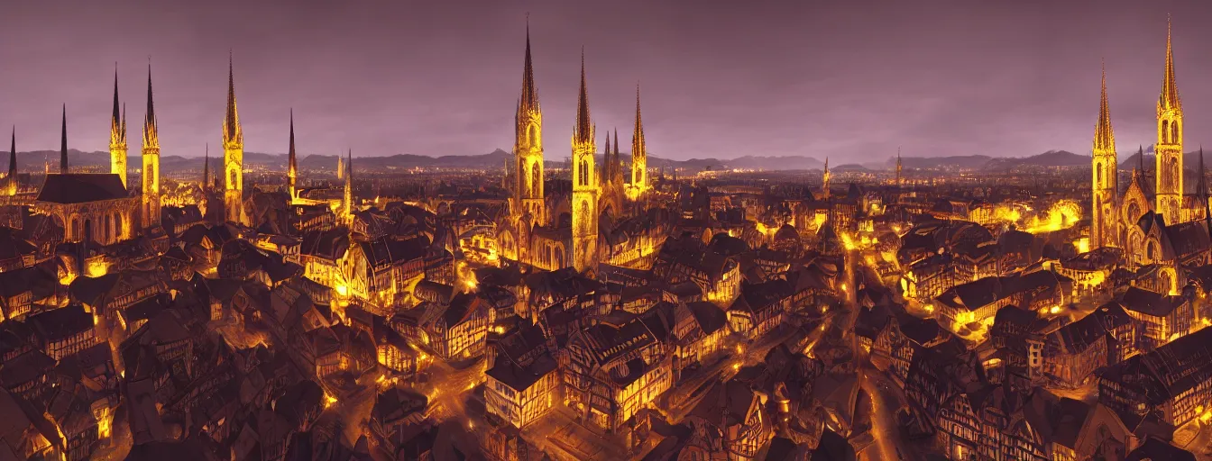 Image similar to Digital painting of Neo-Gothic Zurich at night, wide angle, volumetric light, hyperdetailed, artstation, cgsociety, 8k