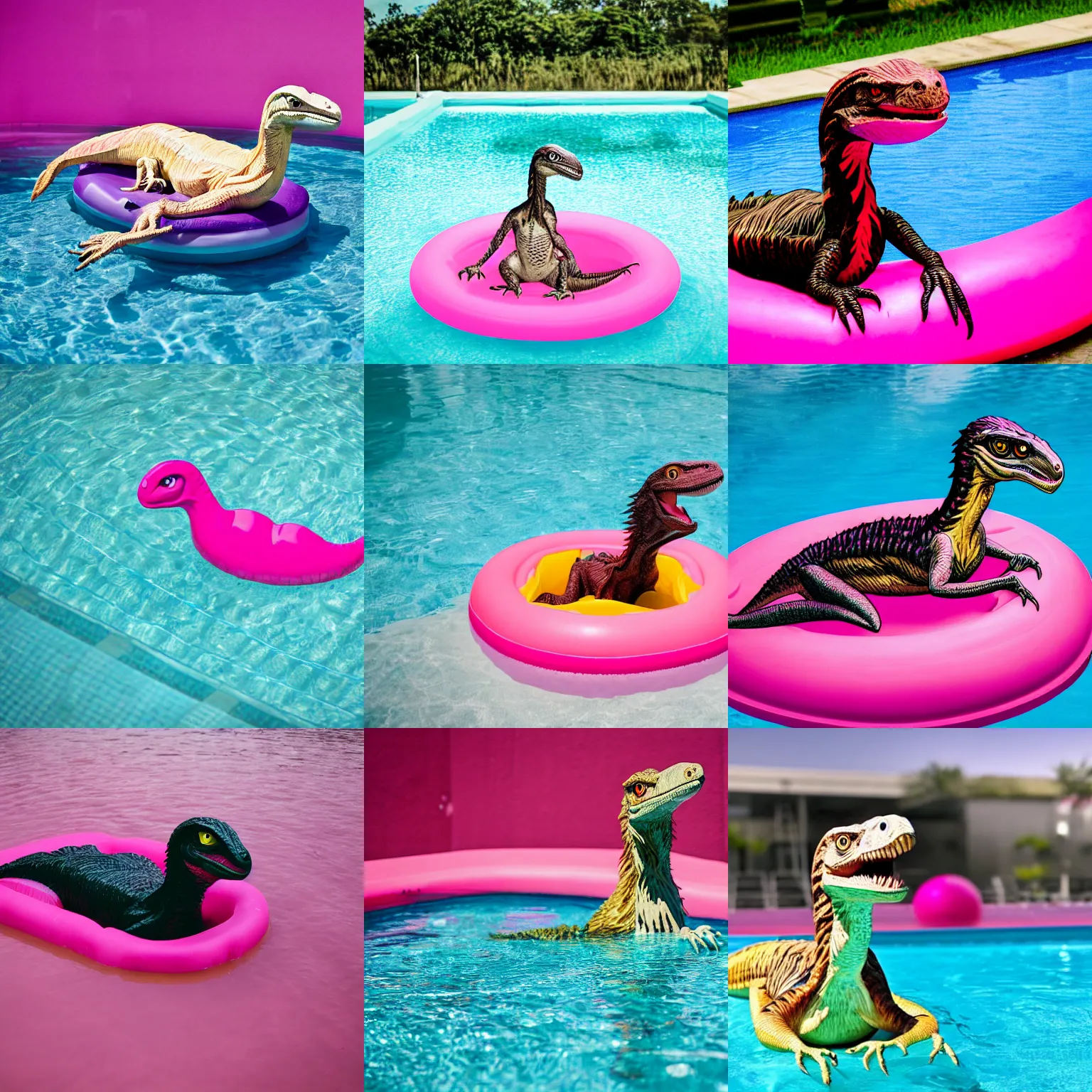 Prompt: a velociraptor sitting on a pink pool floatie inside of a swimming pool, 4 k, award - winning photography, high exposure, low depth of field