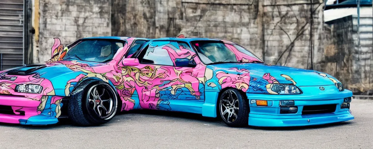 Image similar to jojo's bizarre adventure themed toyota supra, 9 0 s anime style